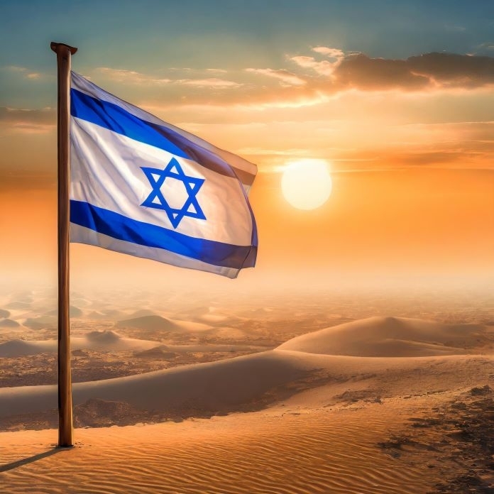 Firefly Israels flag flying on a flag pole in the desert with the sun setting and a haze in the sky (2)